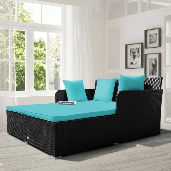 Double Rattan Wicker Daybed Sun Lounger Sofa Chaise w Cushions for Outdoor Patio, Turquoise, Black