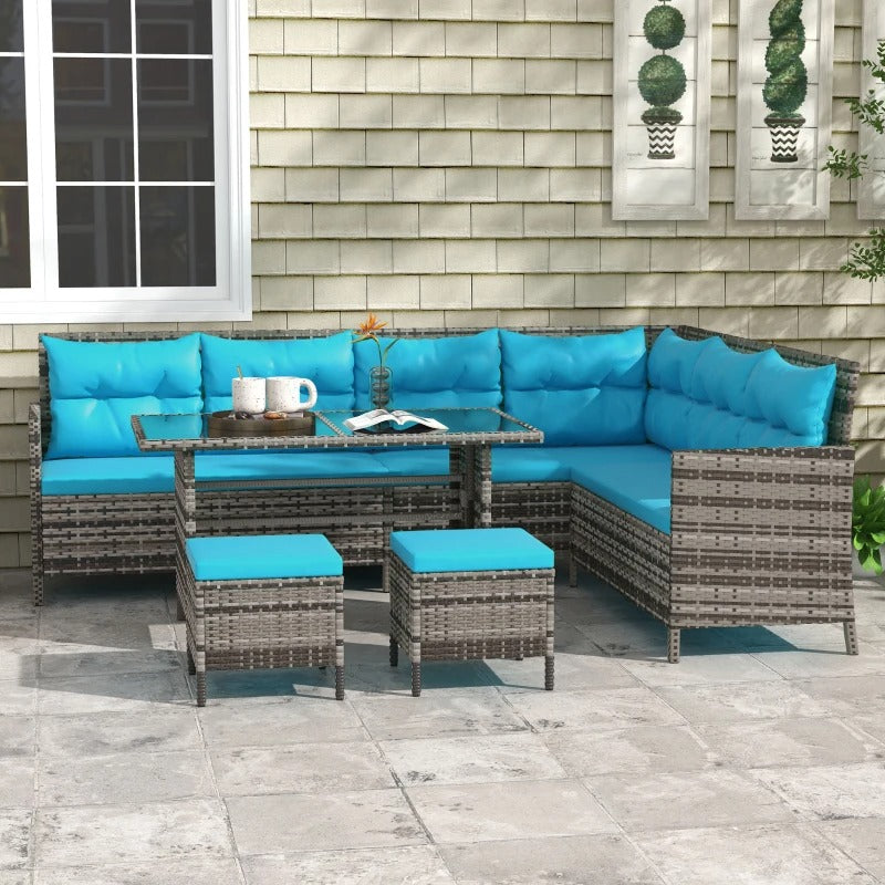 6pc L-Shape PE Rattan Wicker Outdoor Dining Patio Furniture Set w Cushion, Mixed Grey, Sky Blue