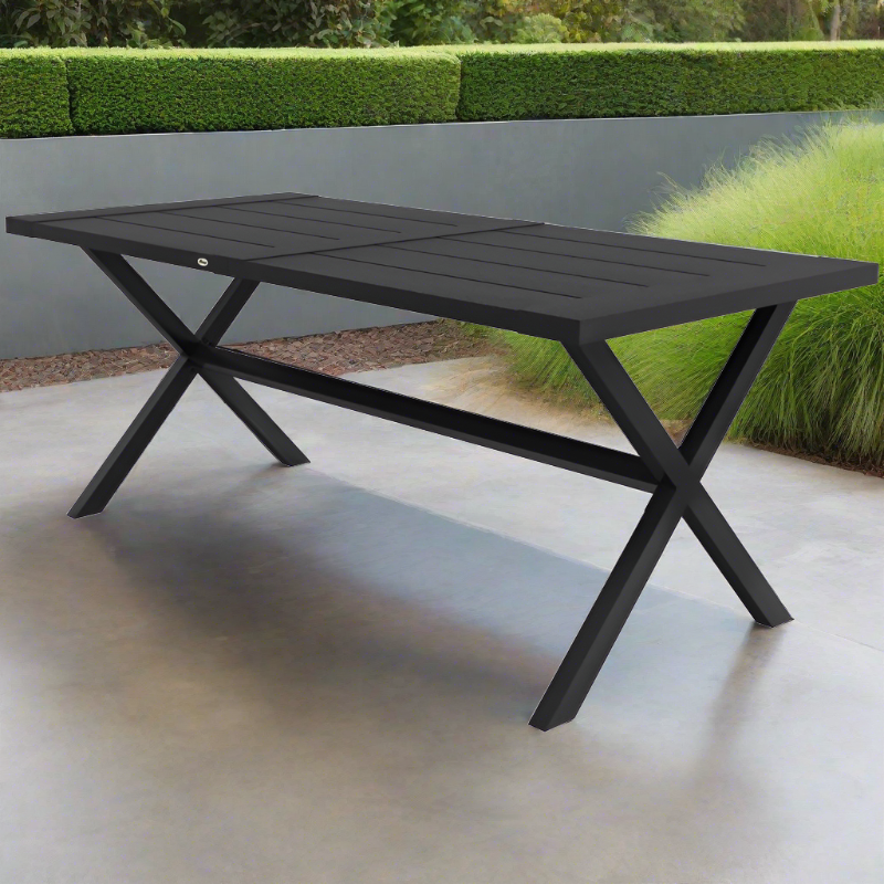 71" x 31.5" Sleek Outdoor Patio Dining Table w X-Base, Aluminum, Woodgrain Effect, Black