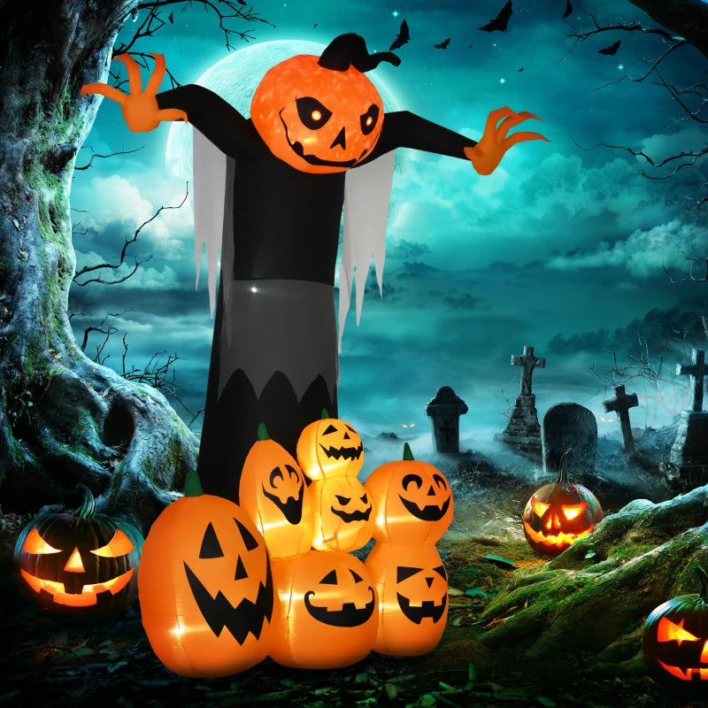 9ft Tall Halloween Scary Inflatable Decoration w Lights, Indoor Outdoor Lawn, Ghost w Pumpkins