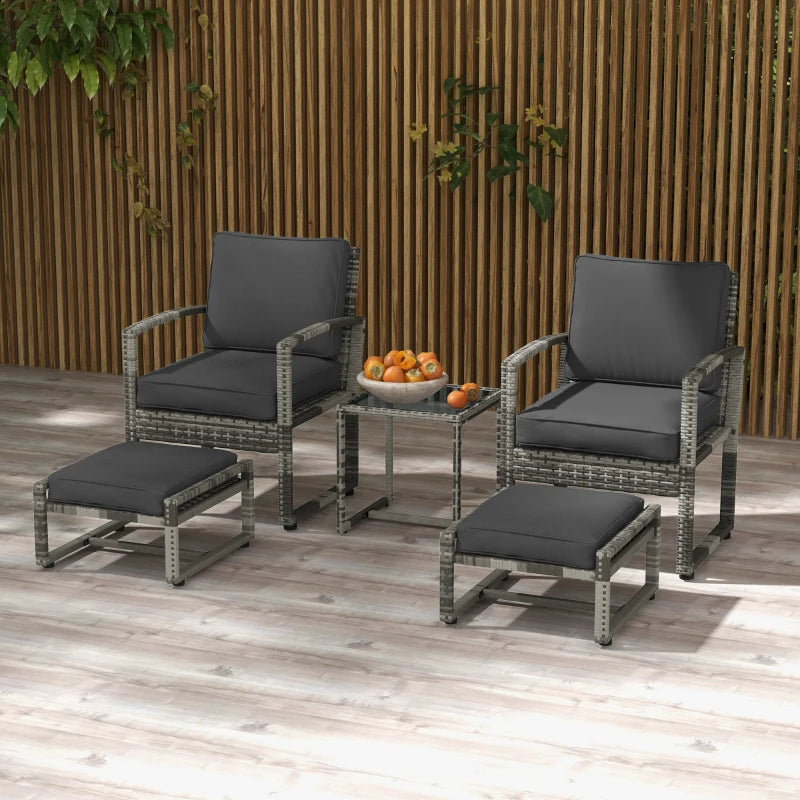 5pc PE Rattan Wicker Conversation Outdoor Patio Set, Armchairs, Cushions, Footstools, Mix Grey