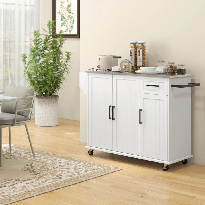 Modern Rolling Kitchen Island Extra Storage Cart Cabinet Sideboard, Stainless Steel Top, White