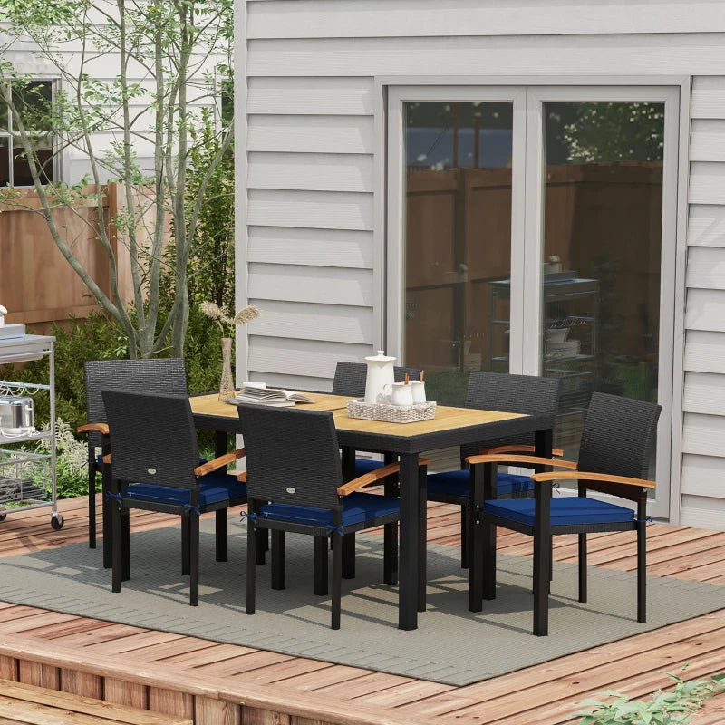 7pc, 6-Seat Patio Dining Set w Acacia Wood Tabletop, Rattan Arm Chairs, Cushions Outdoor, Black