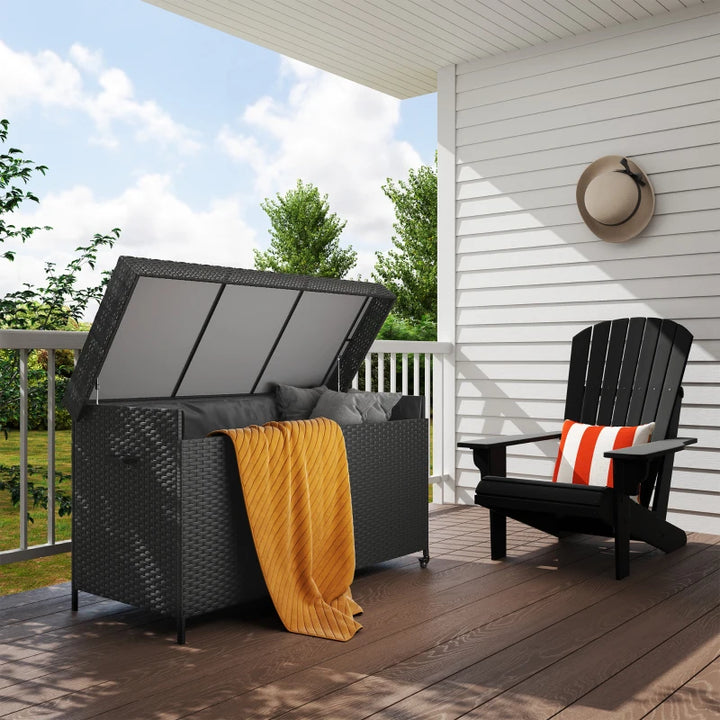 60" 165-Gal Plastic Wicker Deck Box Storage Bin w Wheels for Cushions Tools Outdoor Patio, Black
