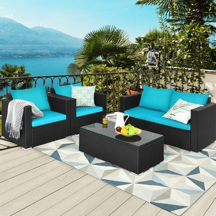 4pc Rattan Wicker Furniture Set w Loveseat Armchairs Cushions Outdoor Patio, Black, Turquoise Blue