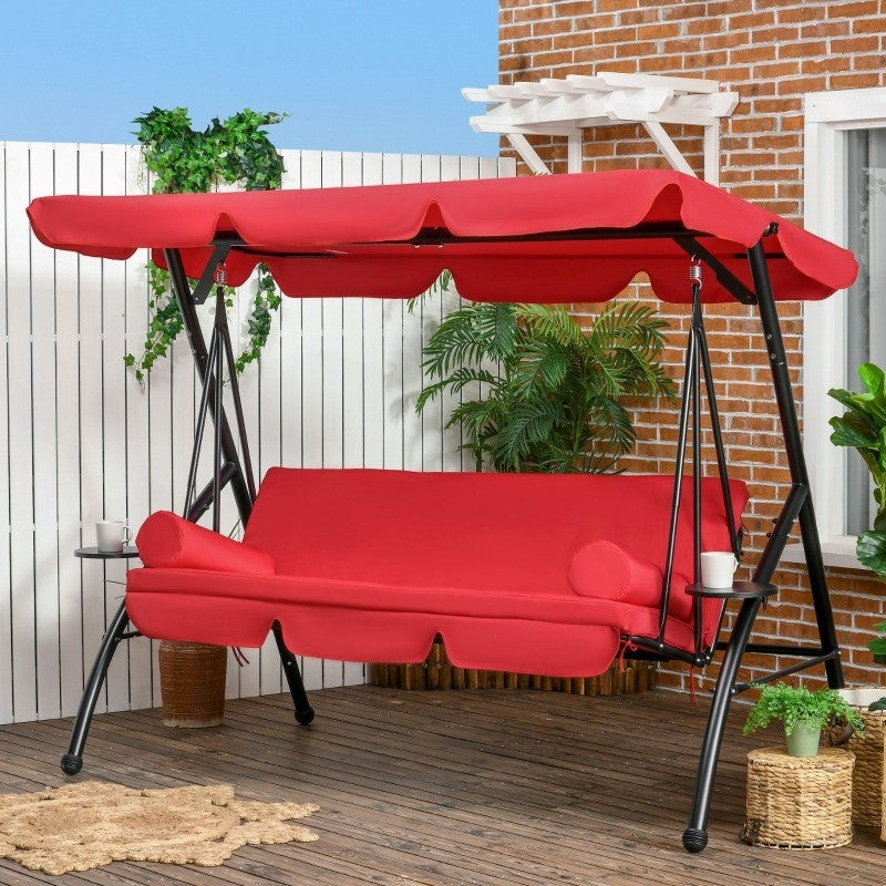 Outdoor 3 Seater Garden Swing / Flat Daybed w Canopy Shade, Cushions for Garden Deck Porch, Red