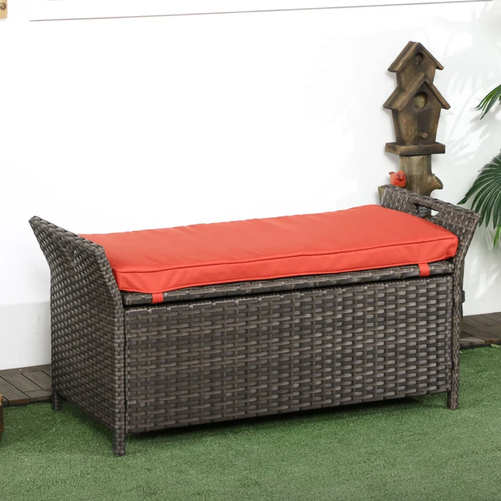 41" Rattan Wicker Storage Deck Box Bench w Seat Cushion for Indoor Outdoor Patio, Brown, Red