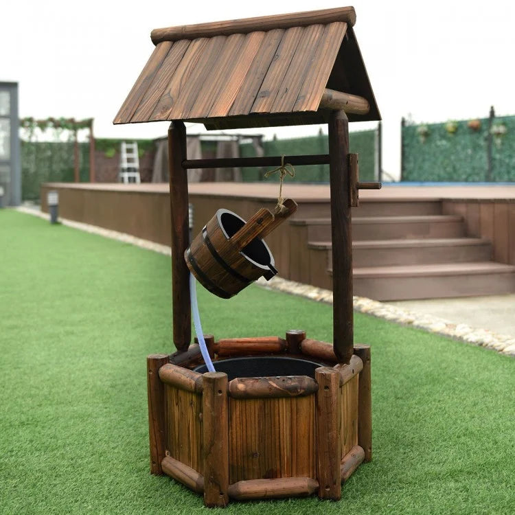 4 ft Rustic Wishing Well Fountain w Electric Pump for Outdoor Garden Yard Decor - Stained Wood