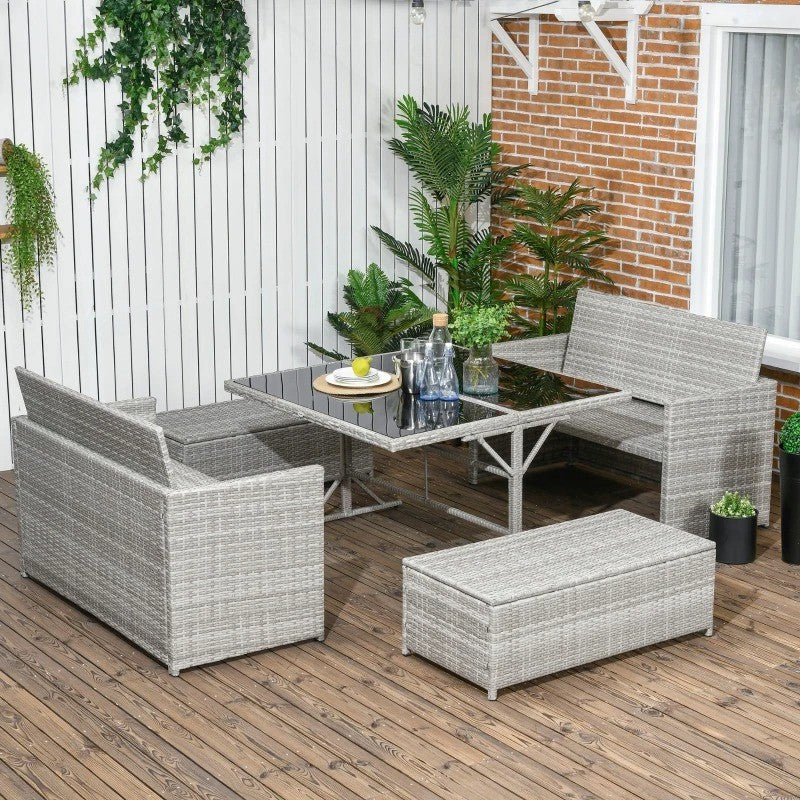 5pc Compact PE Rattan Wicker Dining Table Set w Loveseat, Benches, Cushions Outdoor Patio, Grey