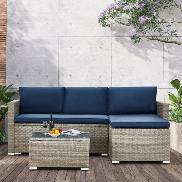 3pc Compact PE Rattan Wicker Conversation Sofa Set w Cushions for Outdoor Patio - Grey, Blue