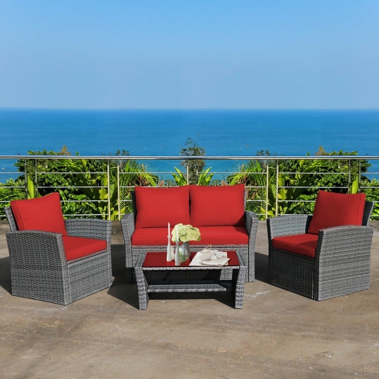 4pc PE Rattan Wicker Furniture Set w Loveseat, Armchairs, Cushions for Outdoor Patio, Grey, Red