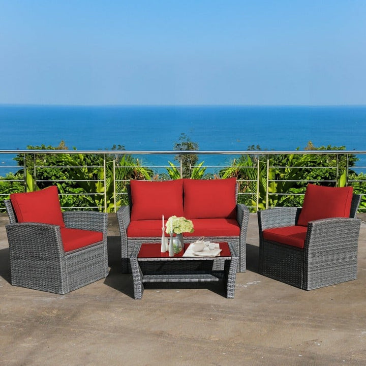 4pc PE Rattan Wicker Furniture Set w Loveseat, Armchairs, Cushions for Outdoor Patio, Grey, Red