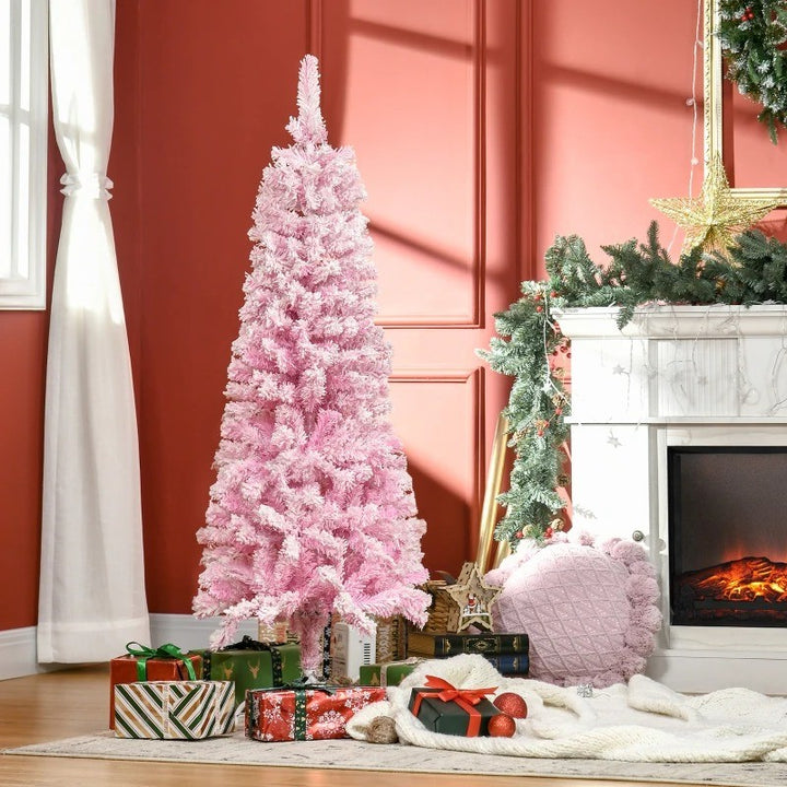 5ft 263-Tip Slim Snow Flocked Unlit Artificial Pencil Christmas Holiday Tree, Xmas Decor, Pink