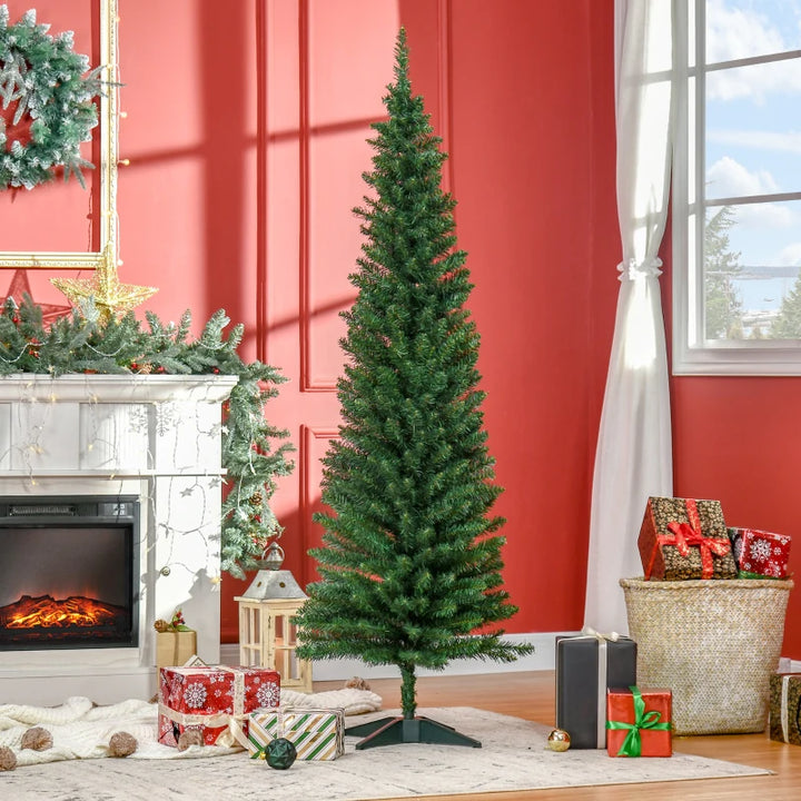 NEW 6ft 390-Tip Unlit Slim Pencil Artificial Christmas Holiday Xmas Tree Decor w Base, Green