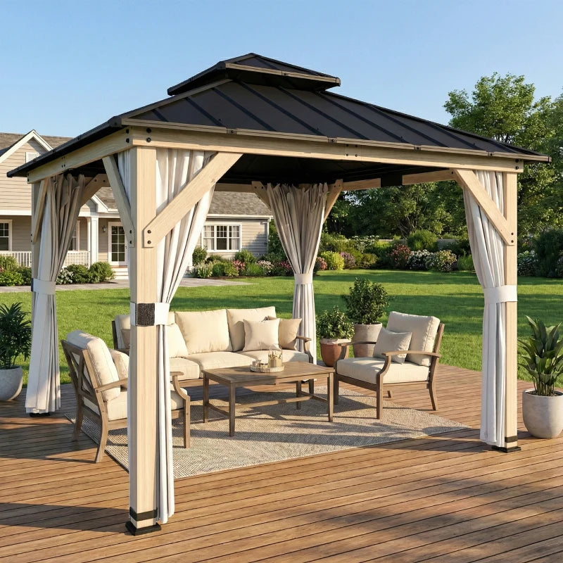 10' x 10' Outdoor Hardtop Gazebo with Double Steel Roof and Curtains - Durable Weather-Resistant Patio Shelter