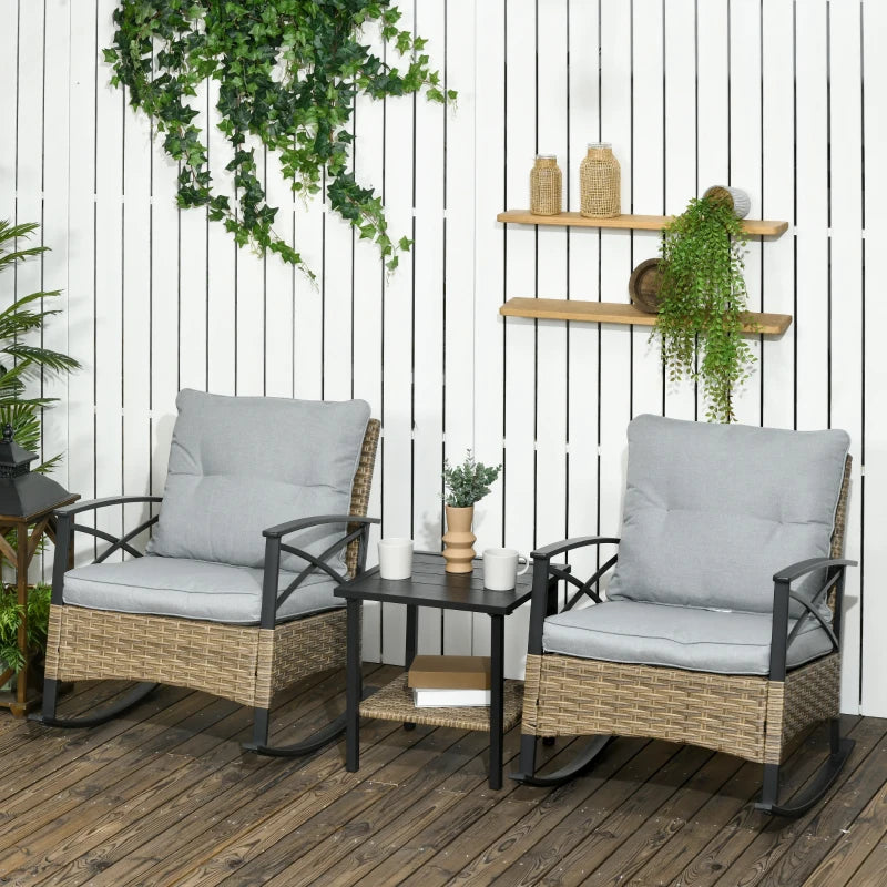 3pc PE Rattan Wicker & Metal Rocking Patio Bistro Set w Armchairs, Table, Cushions, Brown, Grey