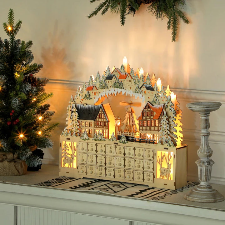 NEW Light-Up Wooden Christmas Advent Countdown Decor w 24 Drawers, Holiday Mountain Winter Village