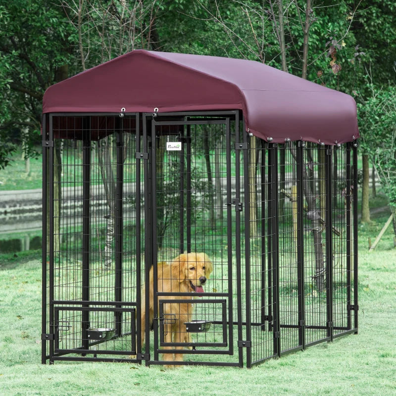 8' x 4' x 6' Steel Dog House, Bowl Holders, Roof Pen Kennel Shelter Heavy Duty Outdoor Wine Red