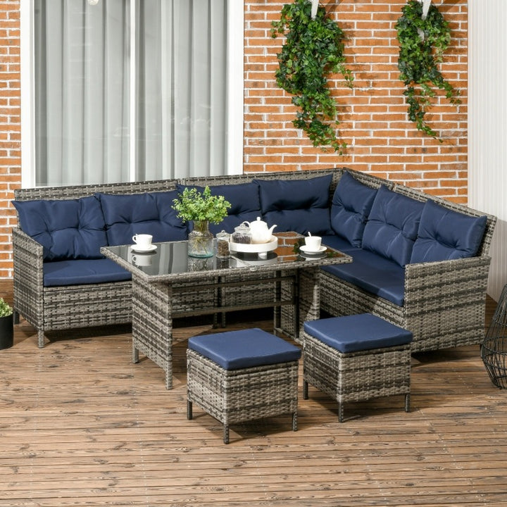 6pc L-Shape PE Rattan Wicker Outdoor Patio Dining Table Set, Cushions Ottomans, Grey, Navy Blue