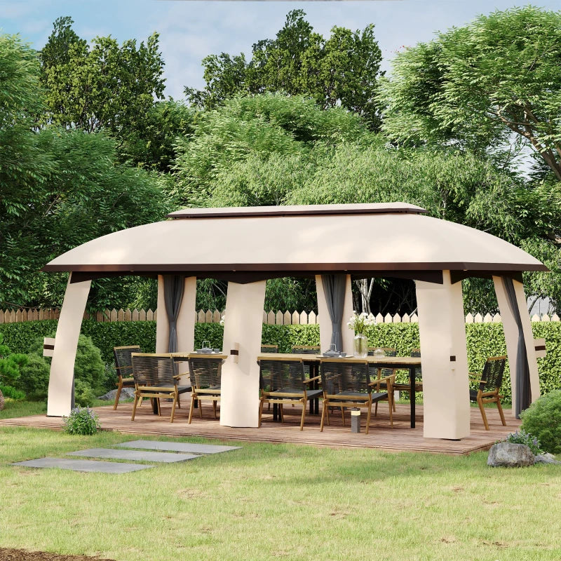 20' x 10' Outdoor Gazebo Canopy Shelter Party Tent w Vented Roof, Mesh Net Walls Garden Beige