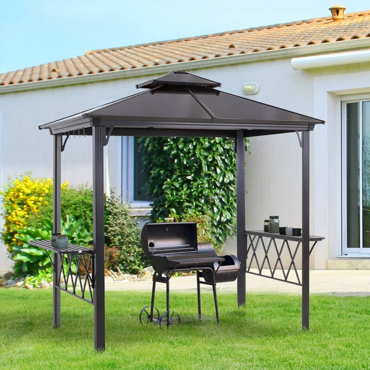 9' x 5' Deluxe Gazebo Pergola Canopy Shelter w/ PC Hardtop Roof, Shelves for BBQ Grill - Black