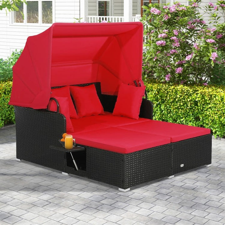 2-Person Rattan Wicker Canopy Daybed Lounge Chaise for Outdoor Patio, Cushions, Black, Red