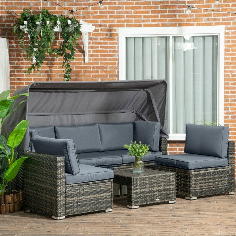 4pc PE Rattan Wicker Canopy Daybed Sectional Outdoor Patio Conversation Set w Cushions, Grey