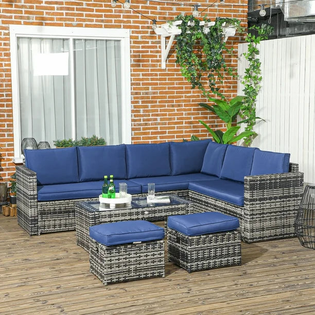 6pc L-Shape PE Rattan Wicker Conversation Outdoor Patio Sofa Set, Cushions Ottomans, Blue, Grey