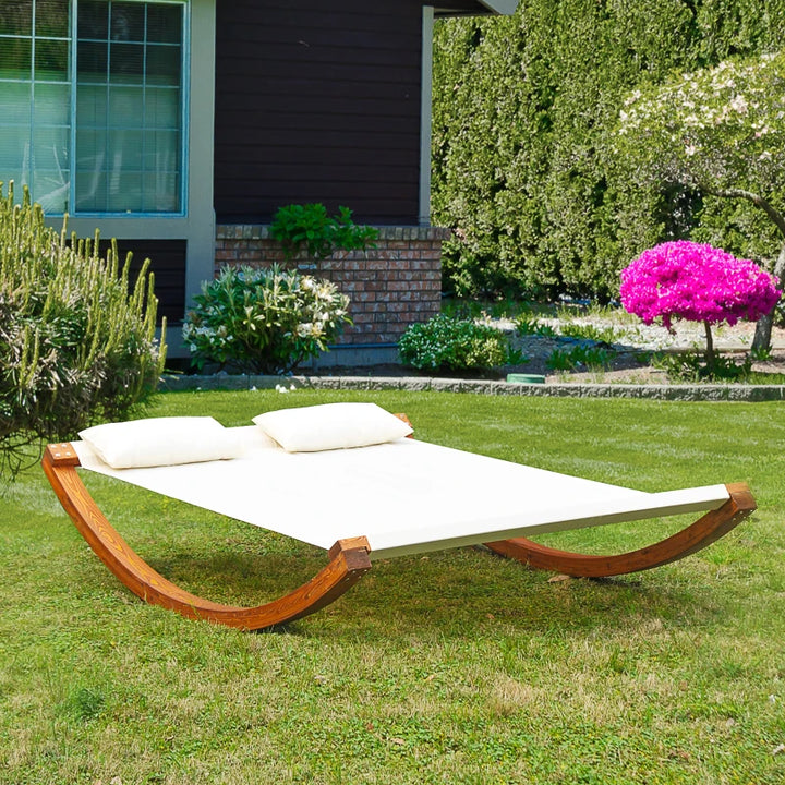 2 Person Rocking Double Sun Lounger Flat Wooden Chaise Patio Deck, Larch Wood Frame, White