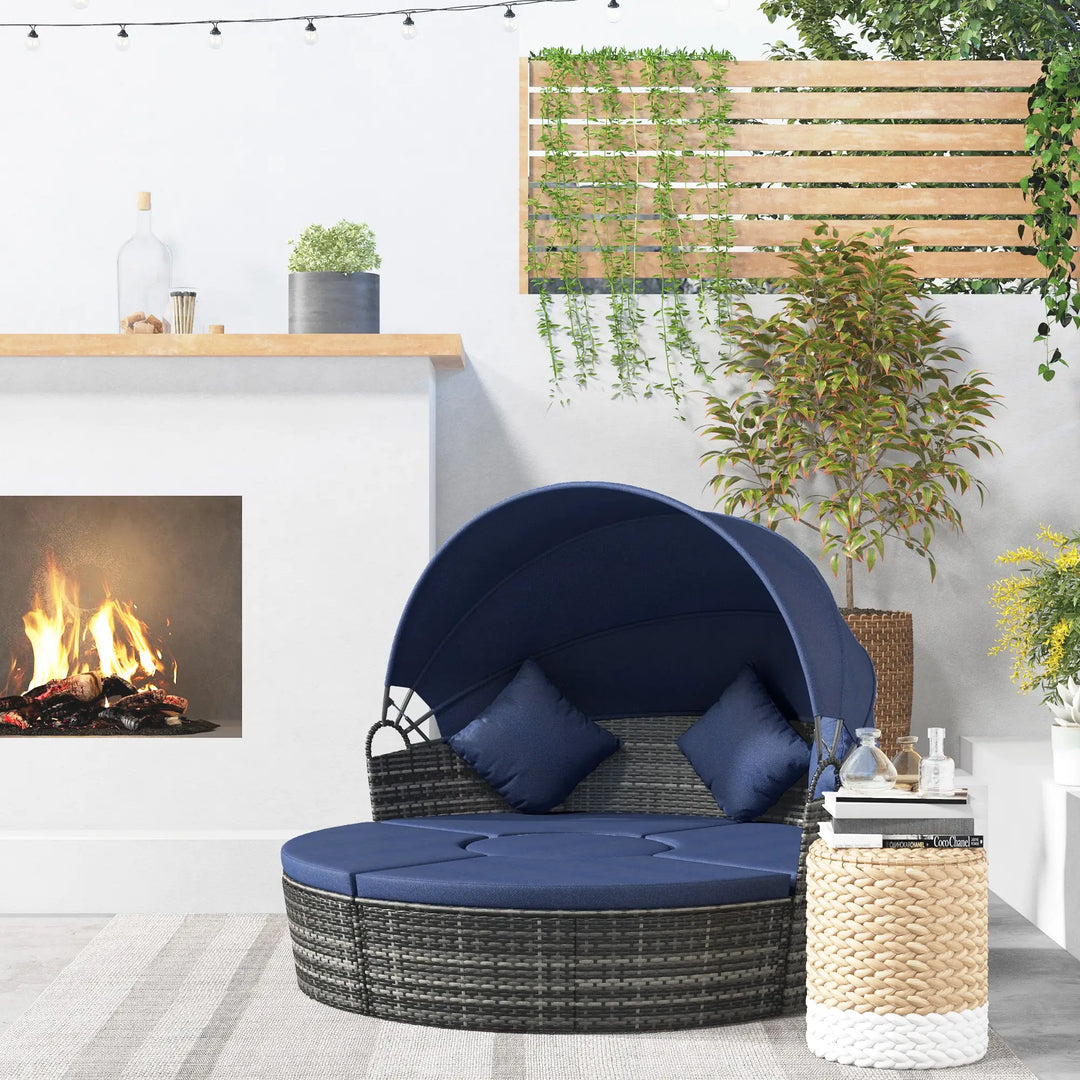 4pc Rattan Wicker Round Canopy Daybed Lounge Outdoor Patio Sofa Set w Cushions, Grey, Dk Navy Blue