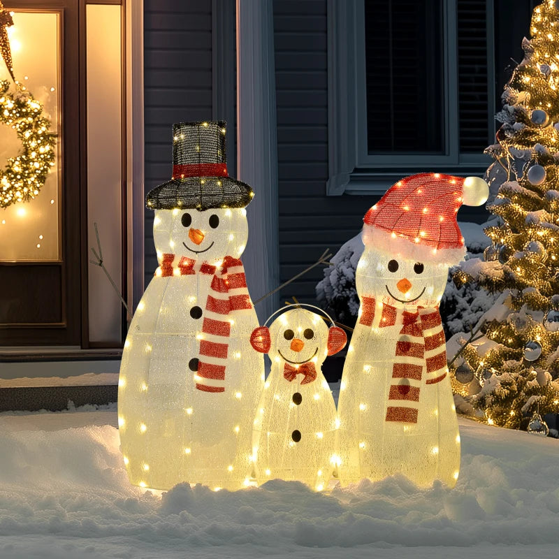 3ft Cute Outdoor Holiday Christmas Light-Up Lawn Decoration Steel, 148 Lights, 3 Snowman Family