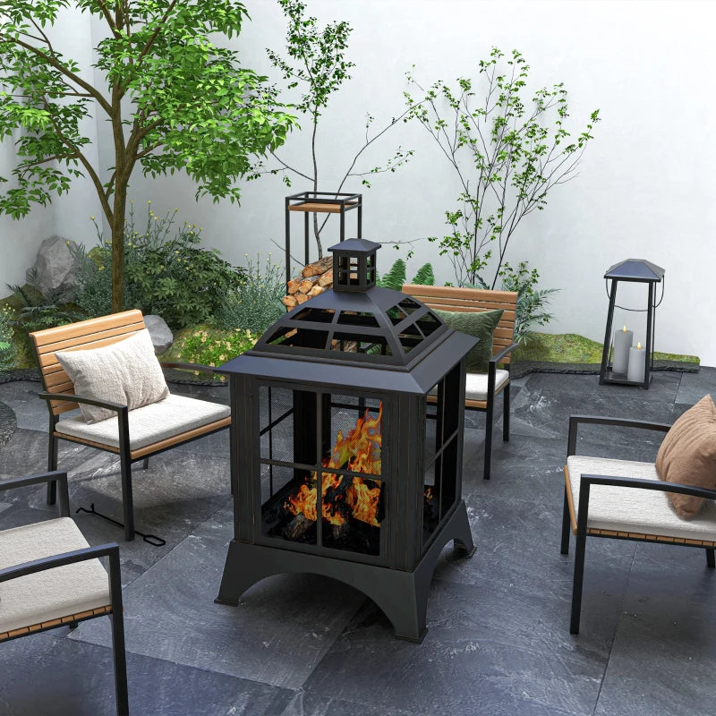 28” Square Wood Burning Fire Pit w/ Chimney Spark Guard, Cover, Ash Tray, Poker - Black