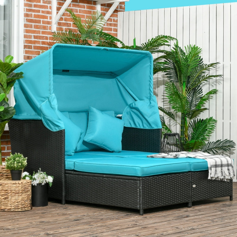 2-Person Outdoor Rattan Wicker Canopy Daybed Lounge Chaise Cushion Patio Set, Black, Aqua Teal