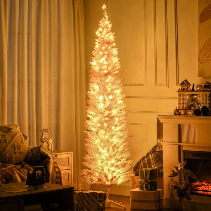 7ft 499-Tip Prelit Slim Pencil Artificial Christmas Holiday Tree, 200 Warm Lights, Xmas Pink