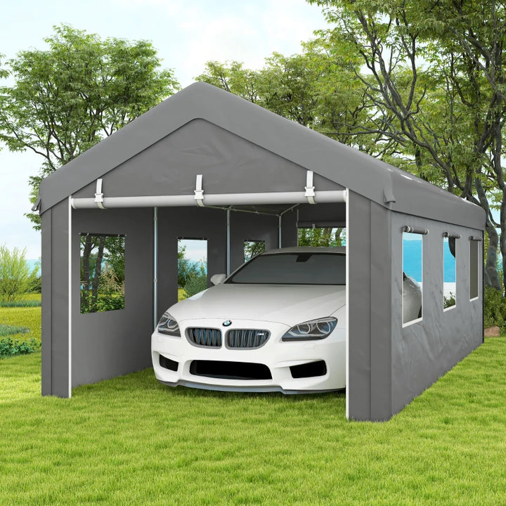 20' x 10' Heavy Duty Car Port Galv Steel Waterproof Outdoor Truck Cover Shelter w Windows, Grey