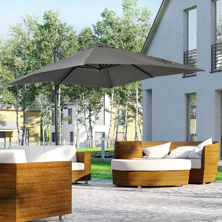 8ft Square Rotating Tilting Offset Cantilever Umbrella Canopy w Cross Base Outdoor Patio, Grey