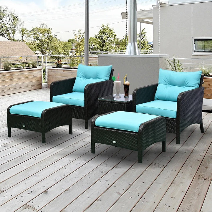 5pc PE Rattan Wicker Conversation Patio Set w Armchairs, Cushions, Footstools, Brown, Aqua Blue