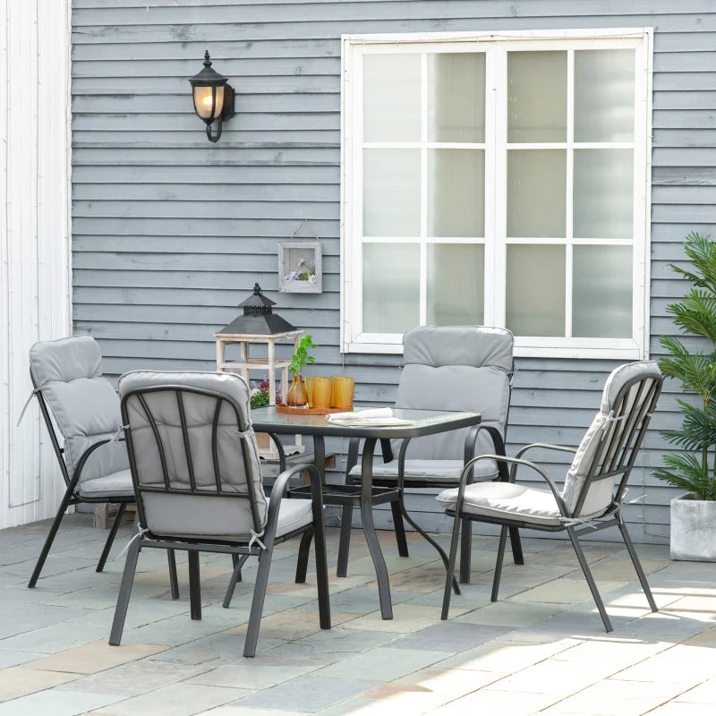 5pc, 4 Seat Outdoor Patio Dining Set w Tempered Glass Table, Chairs, Cushions - Black, Grey