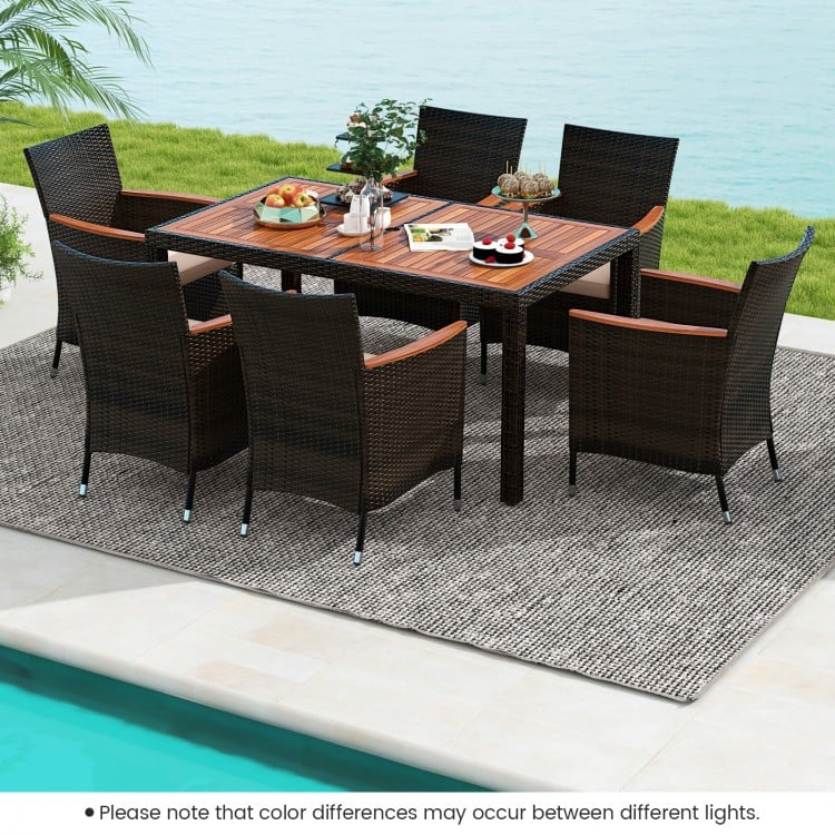 7pc PE Rattan Wicker Dining Set w 6 Armchairs, Acacia Wood Top, Umbrella Hole, Outdoor Patio, Brown