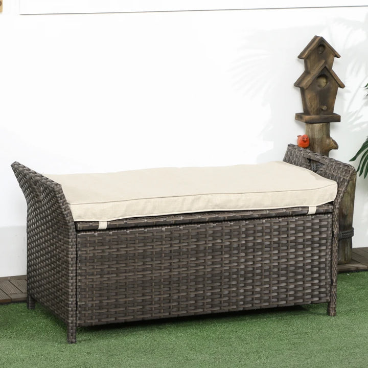 41" Rattan Wicker Storage Deck Box Bench w Seat Cushion Indoor Outdoor Patio, Brown Cream Beige