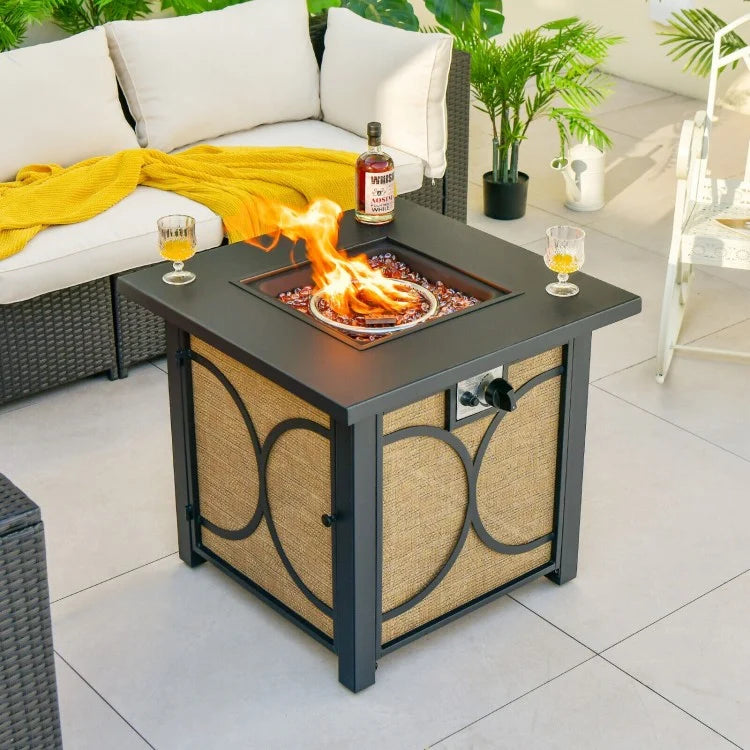 28" Square 50,000 BTU Propane Gas Fire Pit Table Heater w Cover for Outdoor Patio, Black, Tan Brown