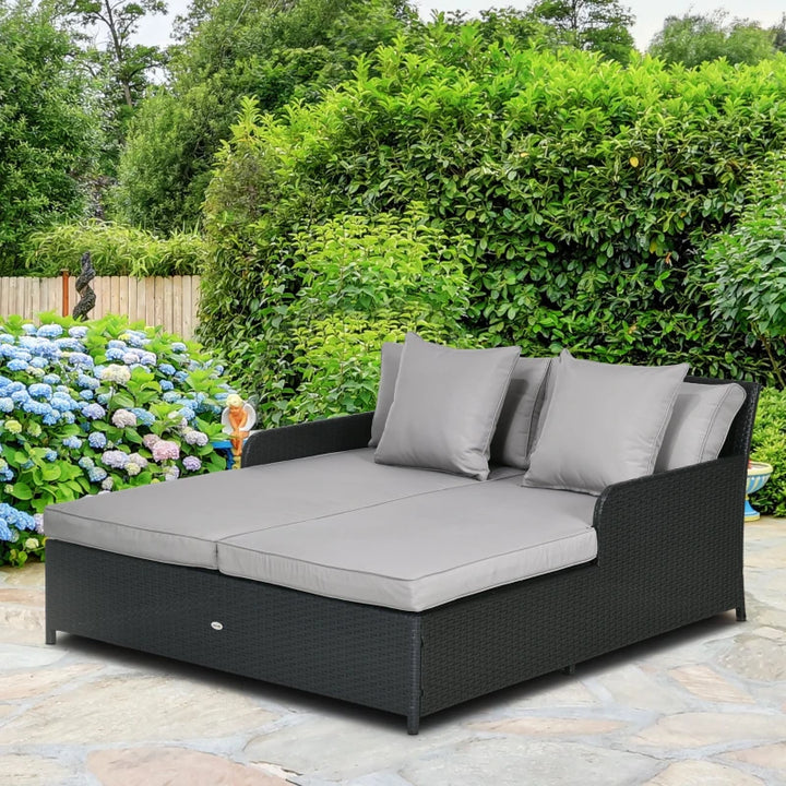 Double Rattan Wicker Sun Lounger Loveseat Chaise Day Bed w Cushions Outdoor Patio - Grey, Black