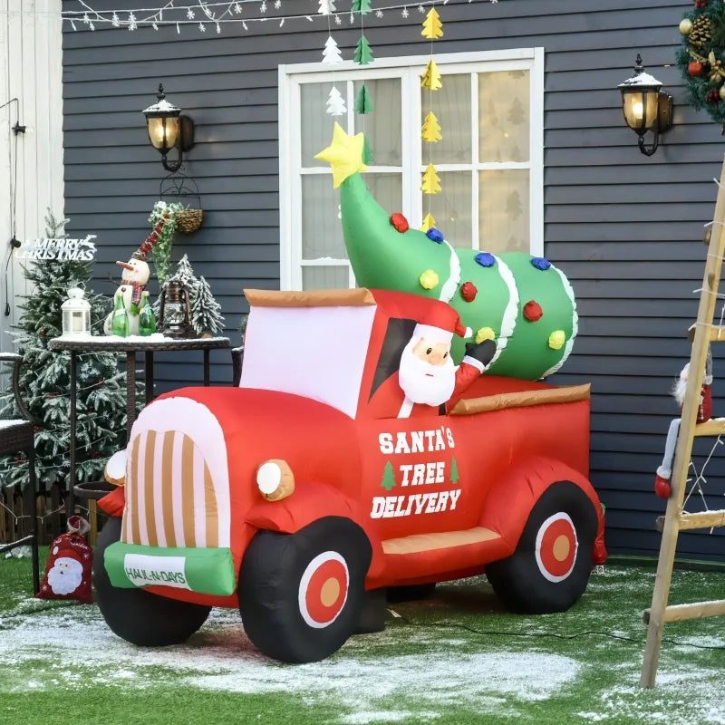 6ft Long Inflatable Holiday Christmas Outdoor Blow Up Lawn Display w Light, Santa in Red Truck