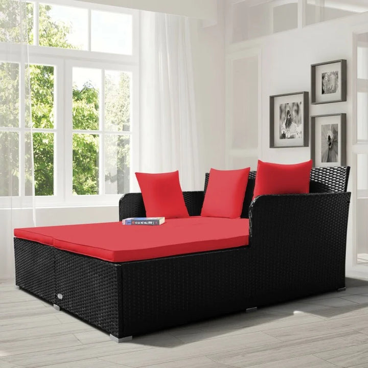 Double Rattan Wicker Daybed Sun Lounger Sofa Chaise w Cushions for Outdoor Patio, Red, Black