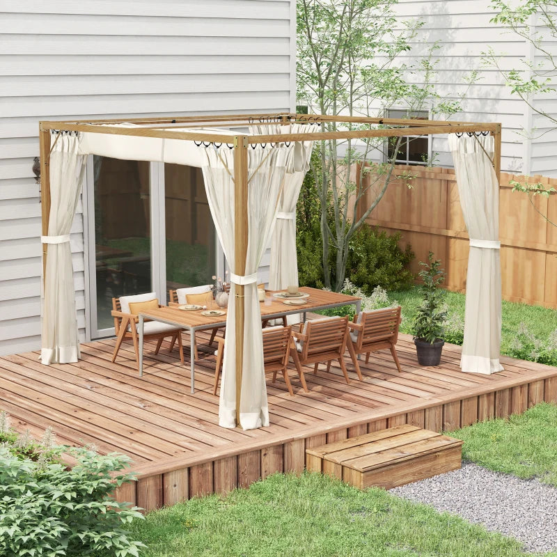 10' x 10' Wooden Pergola Gazebo w Retractable Canopy Roof & Mesh Net Curtains - Natural, Cream