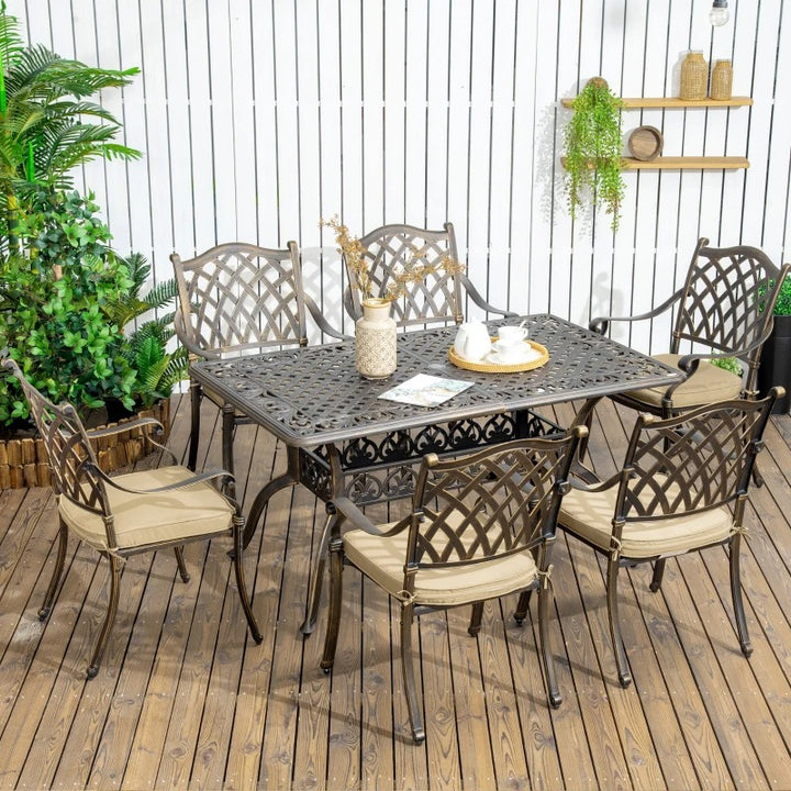 7pc Cast Aluminum Dining Table Set w 6 Chairs, Cushions for Outdoor Patio - Bronze Brown, Beige