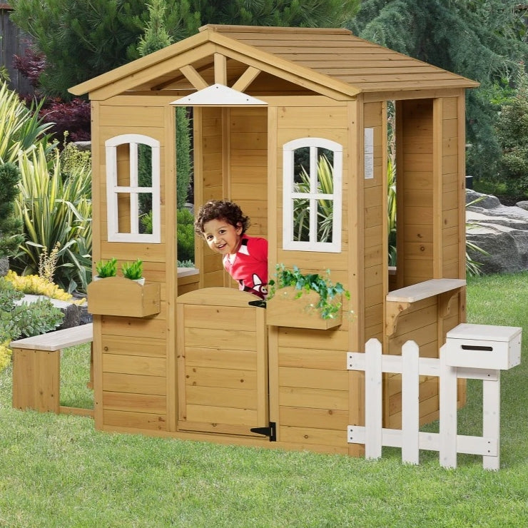 Kids Wooden Outdoor Playhouse w Door, Windows for Backyard Deck Patio Playground, Natural Fir