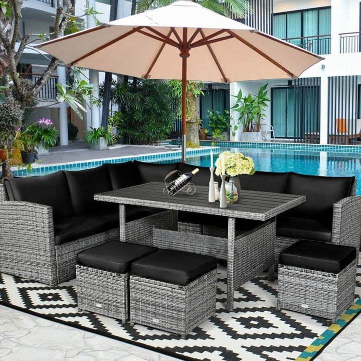 7pc L-Shape Rattan Wicker Dining Set Outdoor Patio Sectional w Table Cushions Ottomans, Black