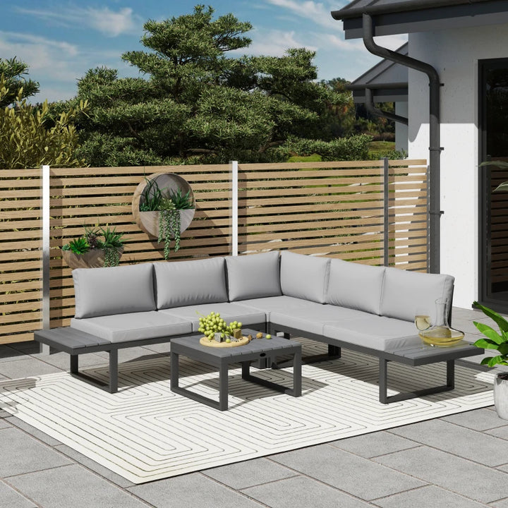 4 Pieces Outdoor Patio Furniture Set - Reclining Garden Corner Sofa with Coffee Table