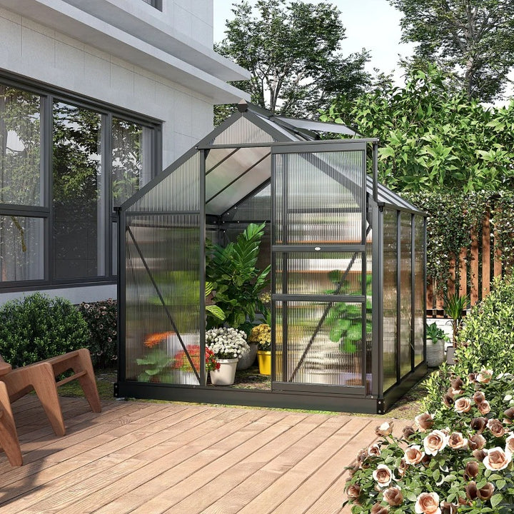 6' x 6' x 7' Walk-in Aluminum Polycarbonate Greenhouse Outdoor Garden Flowers Vegetables, Grey